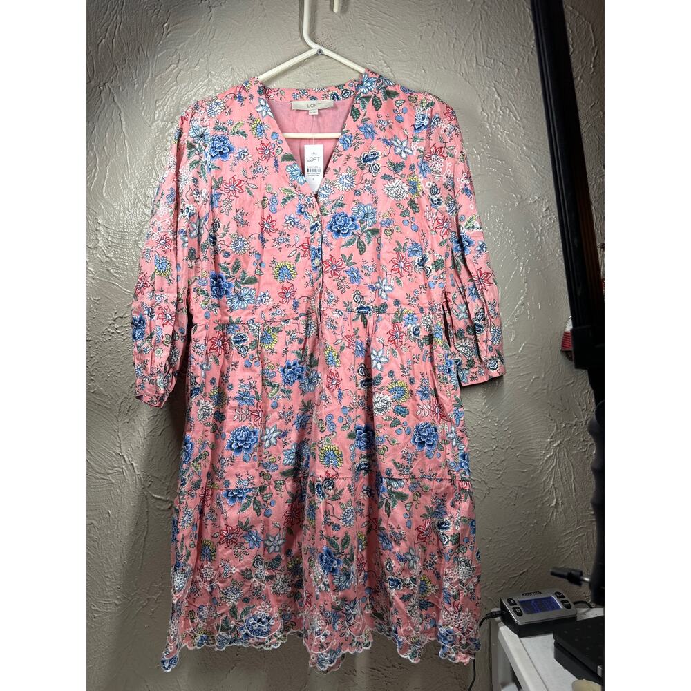 NWT Loft Floral Embroidered Swing Shirt Dress Pink Blue Dress Women’s Size 8